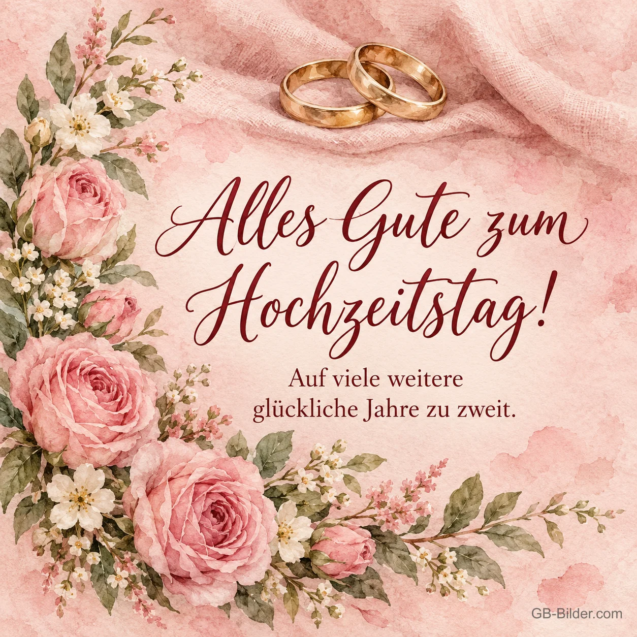 Eheringe auf rosa Seide mit Rosen, Text: Alles Gute zum Hochzeitstag! Auf viele weitere glückliche Jahre zu zweit. Eheringe auf rosa Seide mit Rosen, Text: Alles Gute zum Hochzeitstag! Auf viele weitere glückliche Jahre zu zweit.