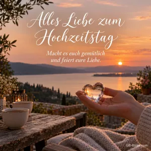 Hand mit Glasherz über einem See, Text: Alles Liebe zum Hochzeitstag – Macht es euch gemütlich und feiert eure Liebe.