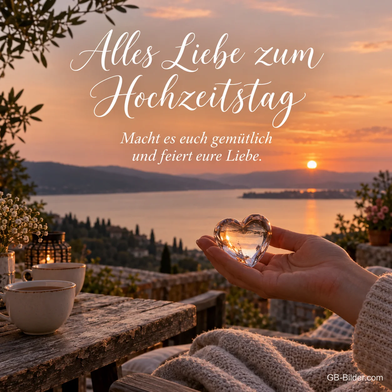 Hand mit Glasherz über einem See, Text: Alles Liebe zum Hochzeitstag – Macht es euch gemütlich und feiert eure Liebe. Hand mit Glasherz über einem See, Text: Alles Liebe zum Hochzeitstag – Macht es euch gemütlich und feiert eure Liebe.