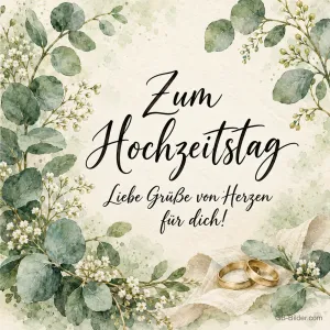 Eukalyptus und Eheringe in Aquarell, Text: Zum Hochzeitstag – Liebe Grüße von Herzen für dich!