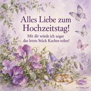 Lila Blüten und Eheringe in Aquarell, Text: Mit dir würde ich sogar das letzte Stück Kuchen teilen!