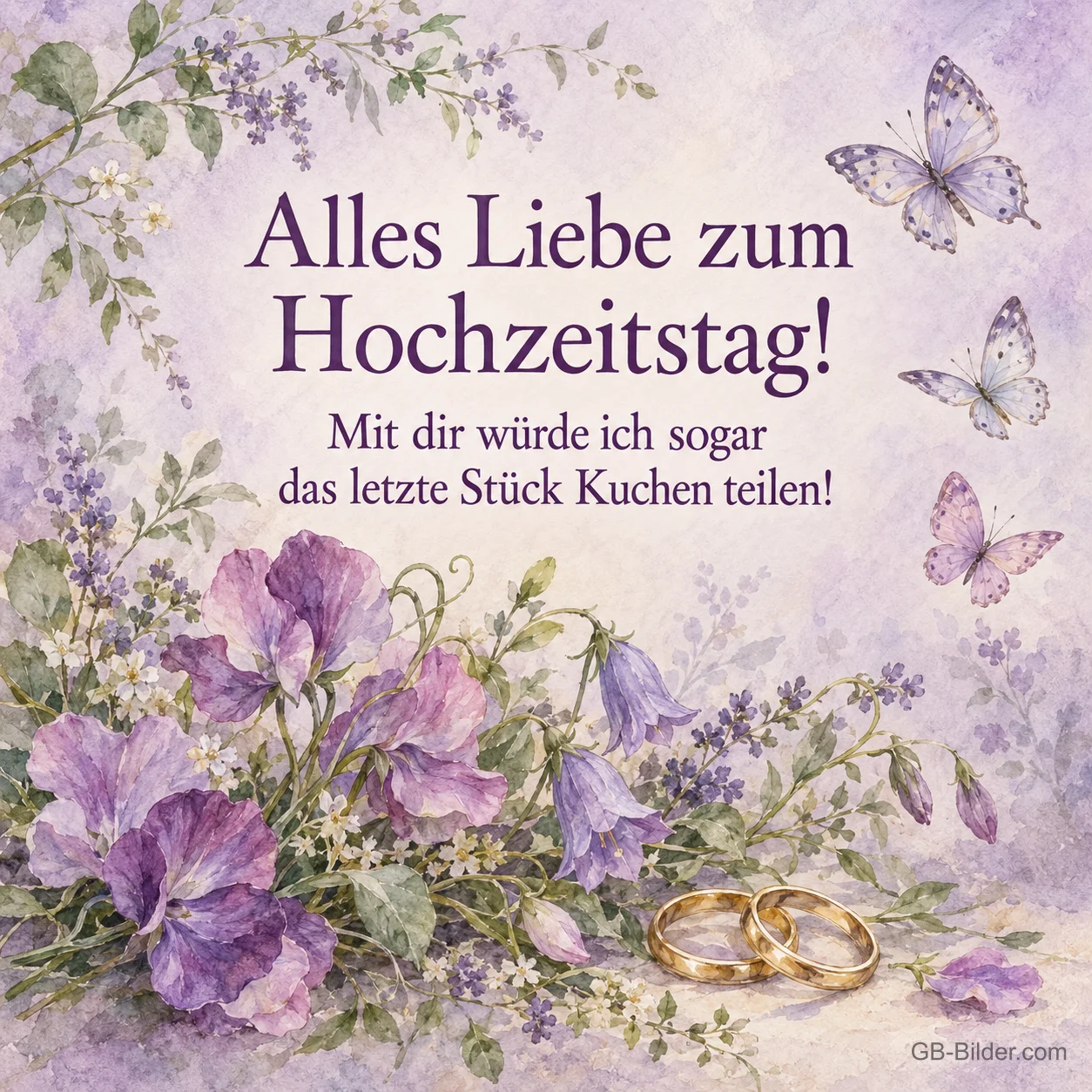 Lila Blüten und Eheringe in Aquarell, Text: Mit dir würde ich sogar das letzte Stück Kuchen teilen! Lila Blüten und Eheringe in Aquarell, Text: Mit dir würde ich sogar das letzte Stück Kuchen teilen!