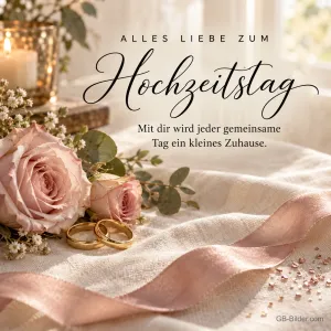 Eheringe zwischen Rosen und Leinen, Text: Alles Liebe zum Hochzeitstag – Mit dir wird jeder gemeinsame Tag ein kleines Zuhause.