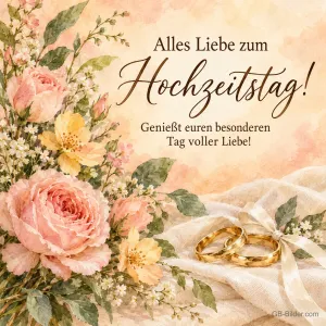 Eheringe mit Schleife zwischen Rosen, Text: Alles Liebe zum Hochzeitstag! Genießt euren besonderen Tag voller Liebe!
