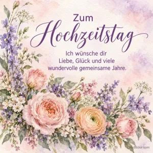 Rosen und Wildblumen in Aquarell, Text: Zum Hochzeitstag – Liebe, Glück und viele wundervolle gemeinsame Jahre.