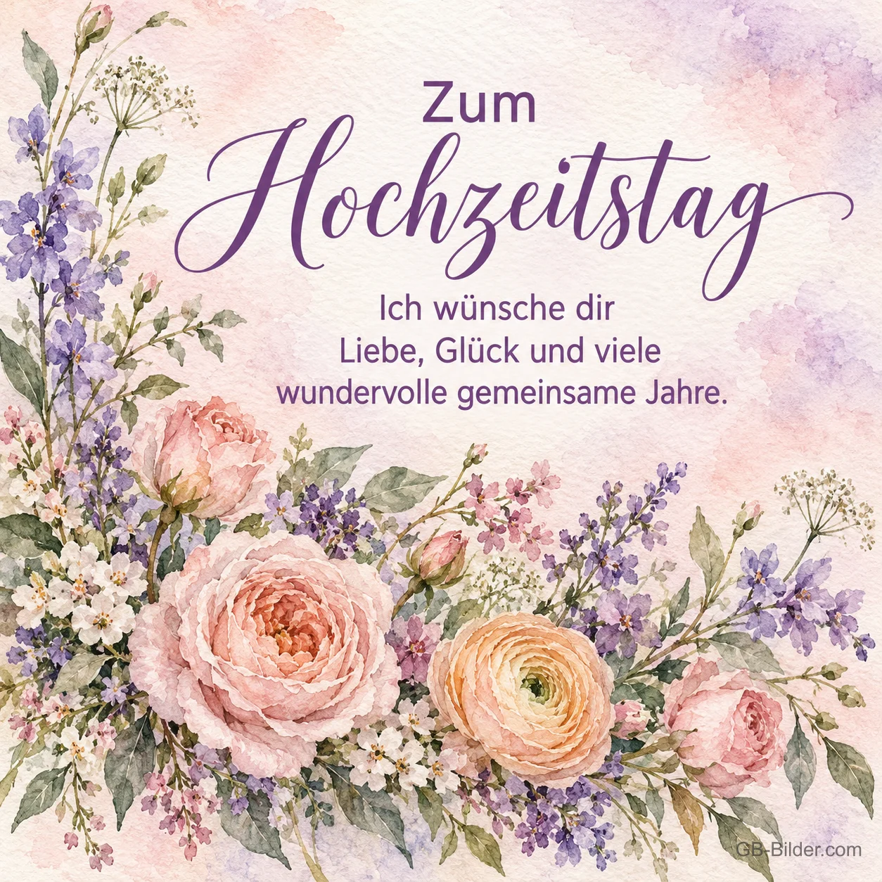 Rosen und Wildblumen in Aquarell, Text: Zum Hochzeitstag – Liebe, Glück und viele wundervolle gemeinsame Jahre. Rosen und Wildblumen in Aquarell, Text: Zum Hochzeitstag – Liebe, Glück und viele wundervolle gemeinsame Jahre.