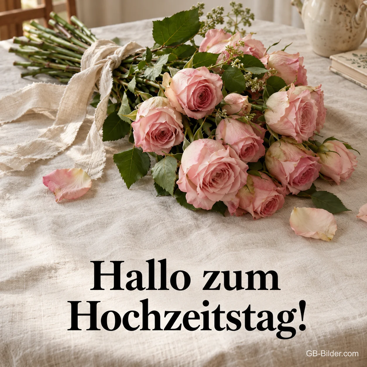 Strauß rosa Rosen auf einem Leinentisch, Text: Hallo zum Hochzeitstag! Strauß rosa Rosen auf einem Leinentisch, Text: Hallo zum Hochzeitstag!