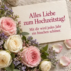 Karte zwischen rosa und weißen Rosen, Text: Alles Liebe zum Hochzeitstag! Mit dir wird jedes Jahr ein bisschen schöner.