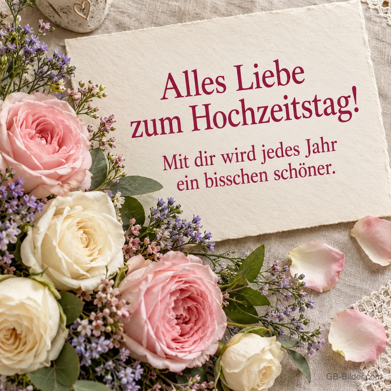 Karte zwischen rosa und weißen Rosen, Text: Alles Liebe zum Hochzeitstag! Mit dir wird jedes Jahr ein bisschen schöner. Karte zwischen rosa und weißen Rosen, Text: Alles Liebe zum Hochzeitstag! Mit dir wird jedes Jahr ein bisschen schöner.