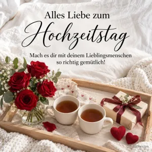 Tablett mit Tee, Rosen und Geschenk auf dem Bett, Text: Alles Liebe zum Hochzeitstag