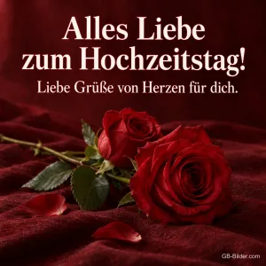 Zwei rote Rosen auf Samt, Text: Alles Liebe zum Hochzeitstag! Liebe Grüße von Herzen für dich.