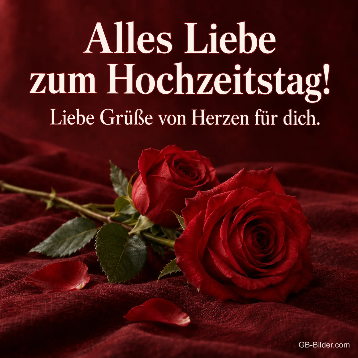 Zwei rote Rosen auf Samt, Text: Alles Liebe zum Hochzeitstag! Liebe Grüße von Herzen für dich. Zwei rote Rosen auf Samt, Text: Alles Liebe zum Hochzeitstag! Liebe Grüße von Herzen für dich.