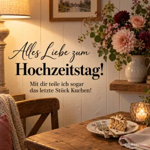 Stück Torte in einer gemütlichen Stube, Text: Alles Liebe zum Hochzeitstag! Mit dir teile ich sogar das letzte Stück Kuchen!