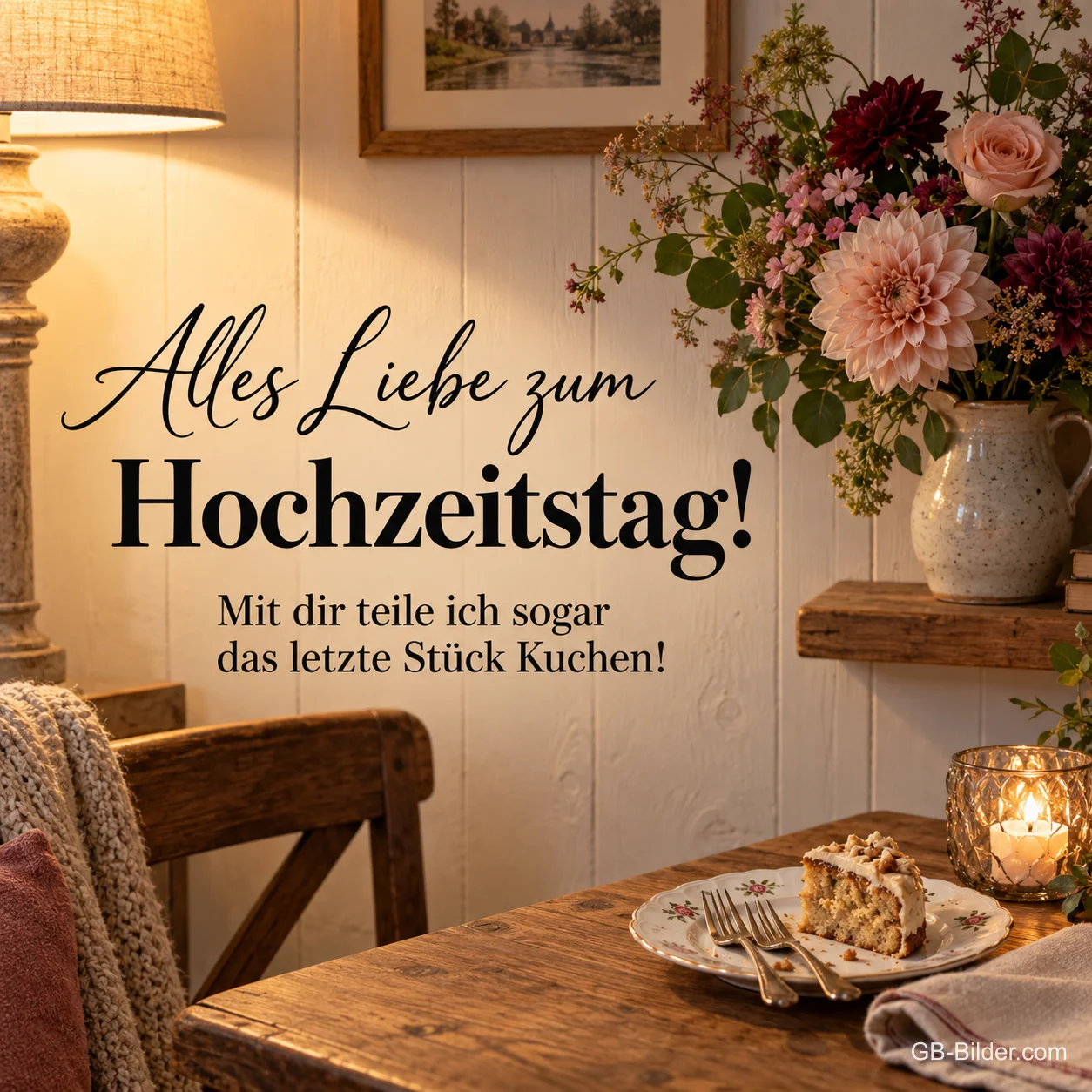 Stück Torte in einer gemütlichen Stube, Text: Alles Liebe zum Hochzeitstag! Mit dir teile ich sogar das letzte Stück Kuchen! Stück Torte in einer gemütlichen Stube, Text: Alles Liebe zum Hochzeitstag! Mit dir teile ich sogar das letzte Stück Kuchen!