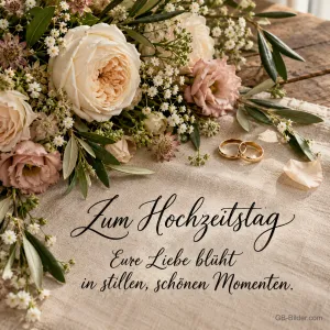 Eheringe auf Leinen mit Rosen, Text: Zum Hochzeitstag – Eure Liebe blüht in stillen, schönen Momenten.