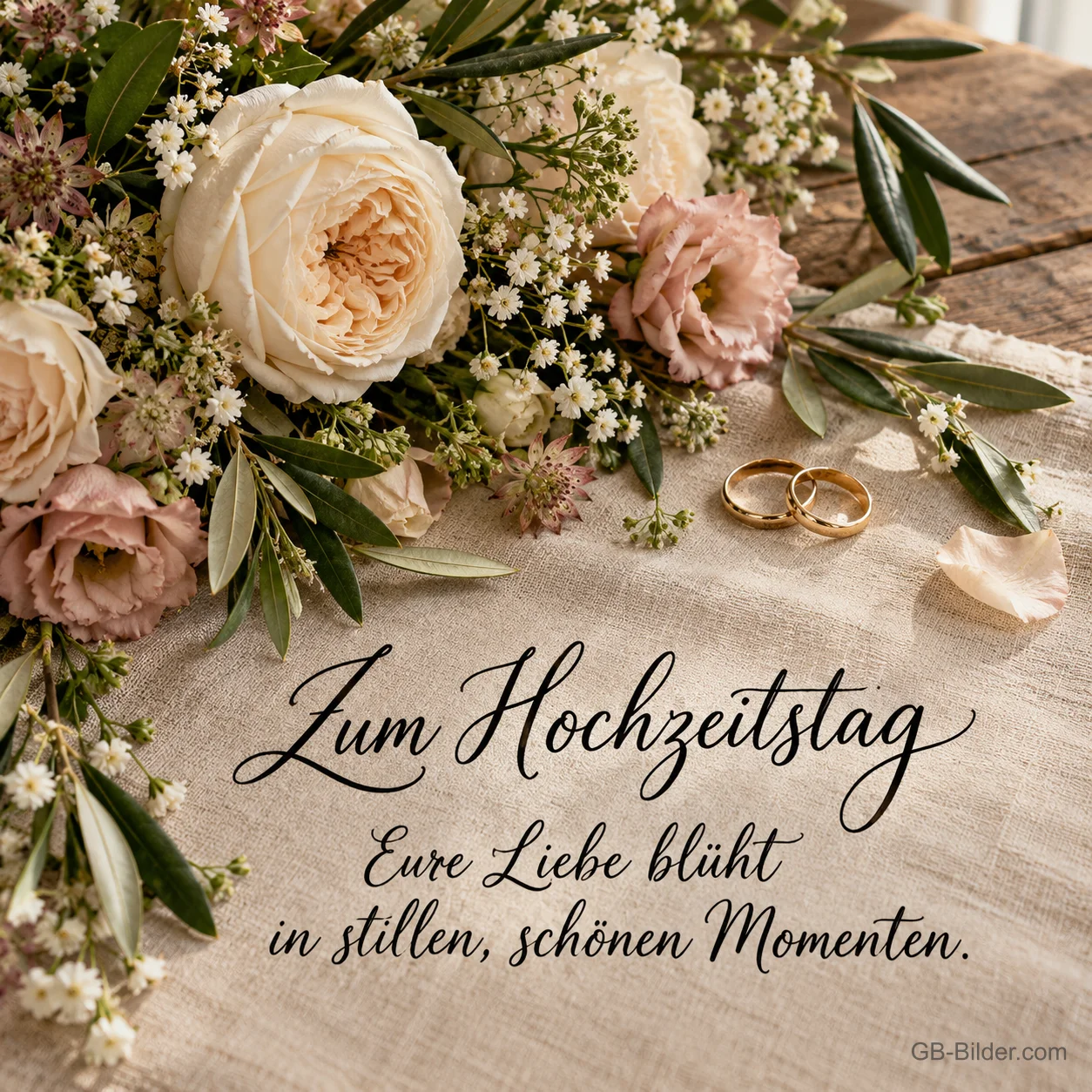 Eheringe auf Leinen mit Rosen, Text: Zum Hochzeitstag – Eure Liebe blüht in stillen, schönen Momenten. Eheringe auf Leinen mit Rosen, Text: Zum Hochzeitstag – Eure Liebe blüht in stillen, schönen Momenten.