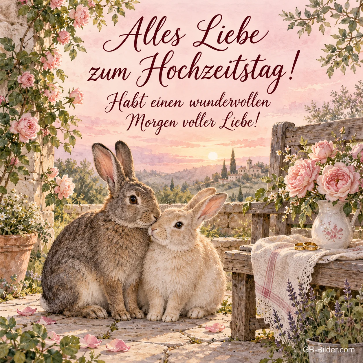 Zwei kuschelnde Hasen zwischen Rosen, Text: Alles Liebe zum Hochzeitstag! Habt einen wundervollen Morgen voller Liebe! Zwei kuschelnde Hasen zwischen Rosen, Text: Alles Liebe zum Hochzeitstag! Habt einen wundervollen Morgen voller Liebe!