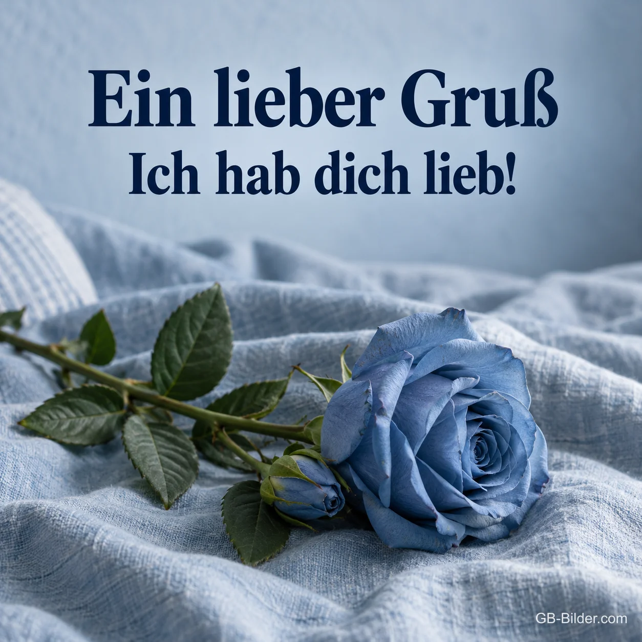 Blaue Rose auf Leinen, Text: Ein lieber Gruß – Ich hab dich lieb! Blaue Rose auf Leinen, Text: Ein lieber Gruß – Ich hab dich lieb!