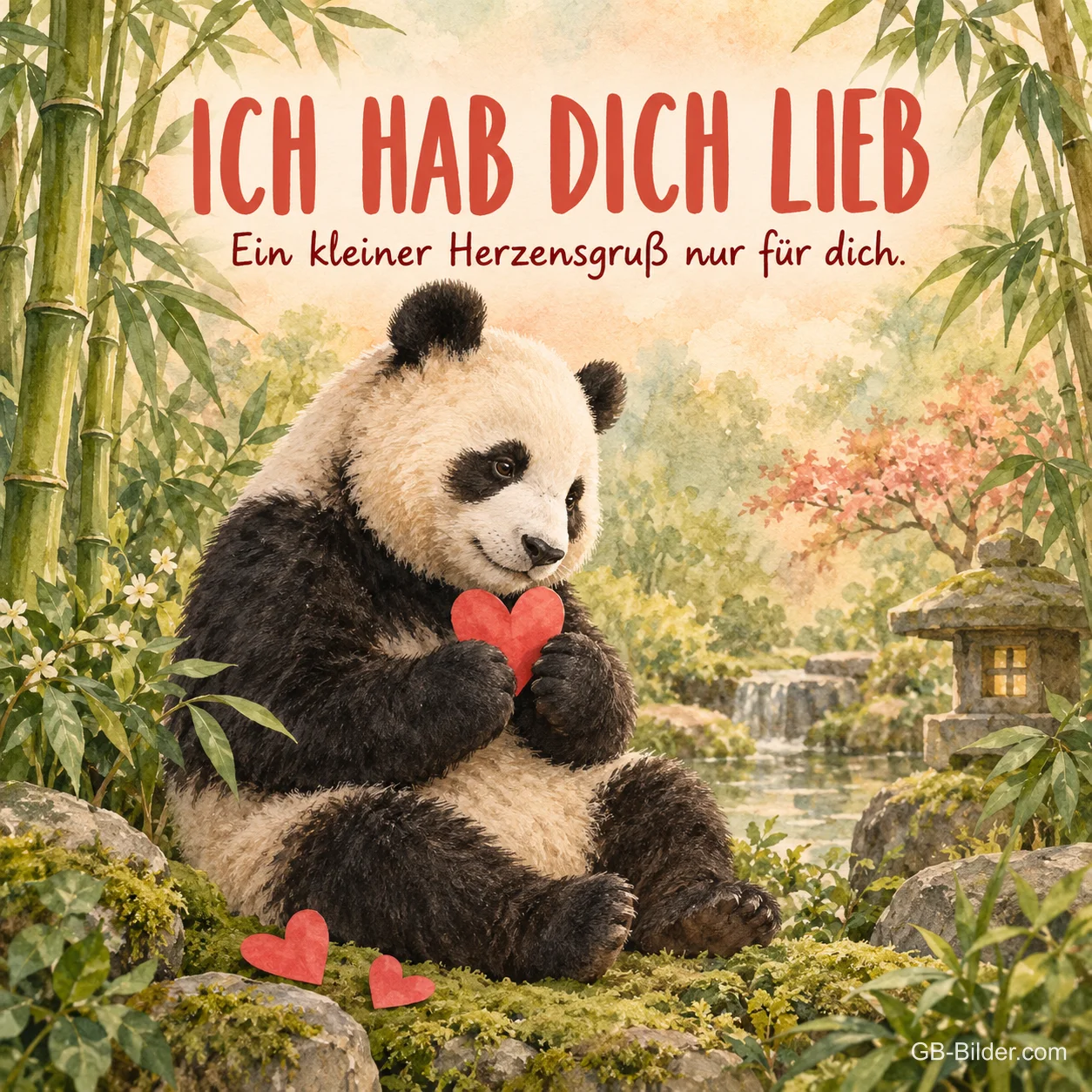Panda mit rotem Herz im Bambuswald, Text: Ich hab dich lieb Panda mit rotem Herz im Bambuswald, Text: Ich hab dich lieb