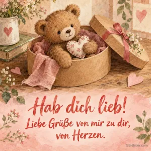 Teddybär mit Herz in einer Hutschachtel, Text: Hab dich lieb!