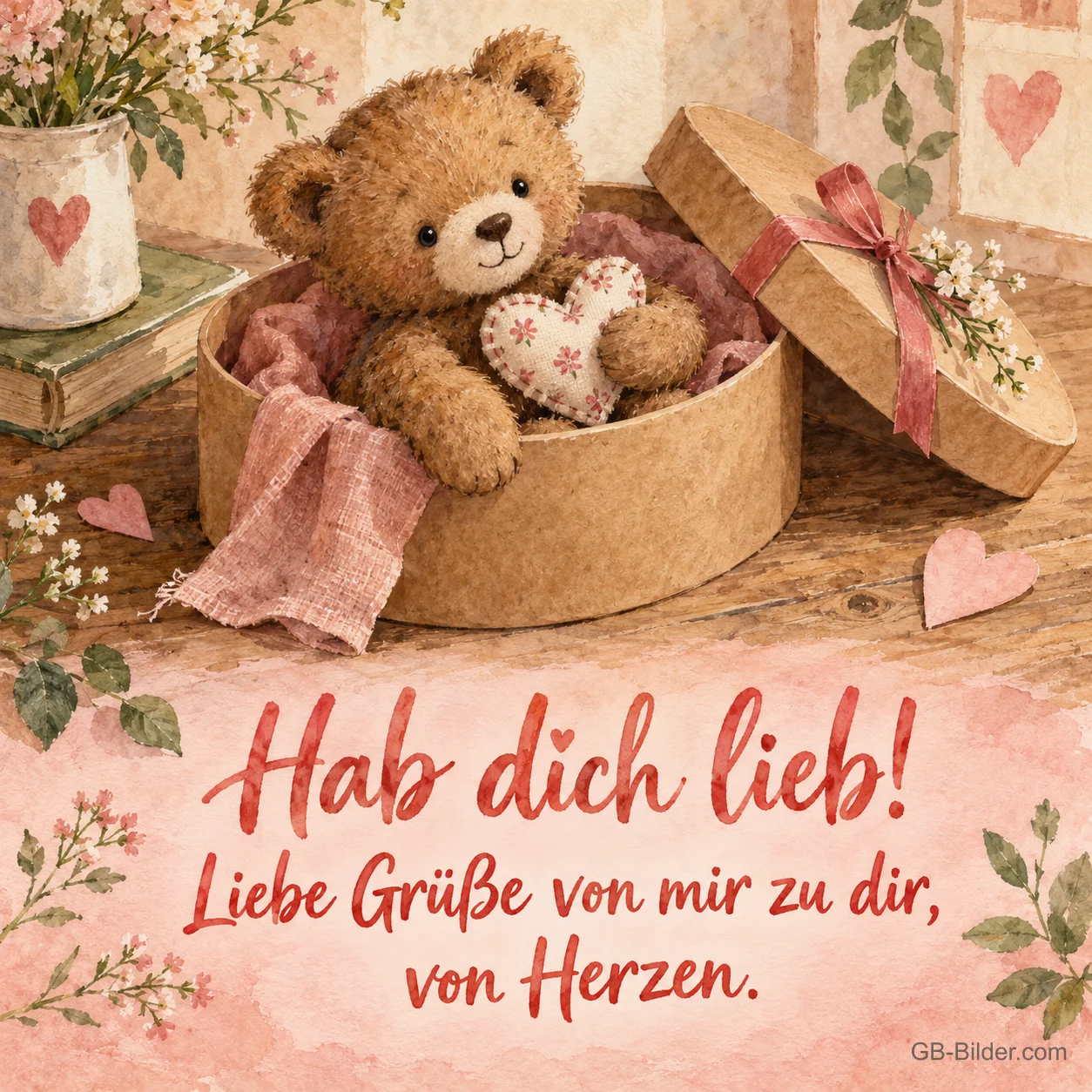 Teddybär mit Herz in einer Hutschachtel, Text: Hab dich lieb! Teddybär mit Herz in einer Hutschachtel, Text: Hab dich lieb!