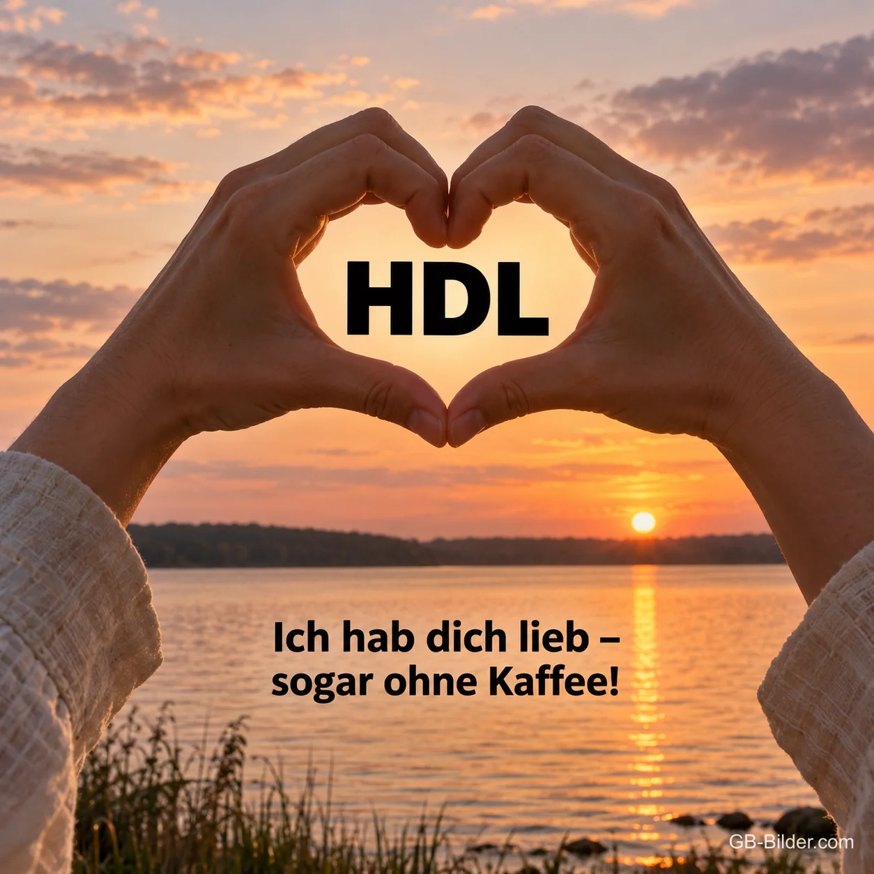 Hände formen ein Herz um die Sonne, Text: HDL – Ich hab dich lieb – sogar ohne Kaffee! Hände formen ein Herz um die Sonne, Text: HDL – Ich hab dich lieb – sogar ohne Kaffee!