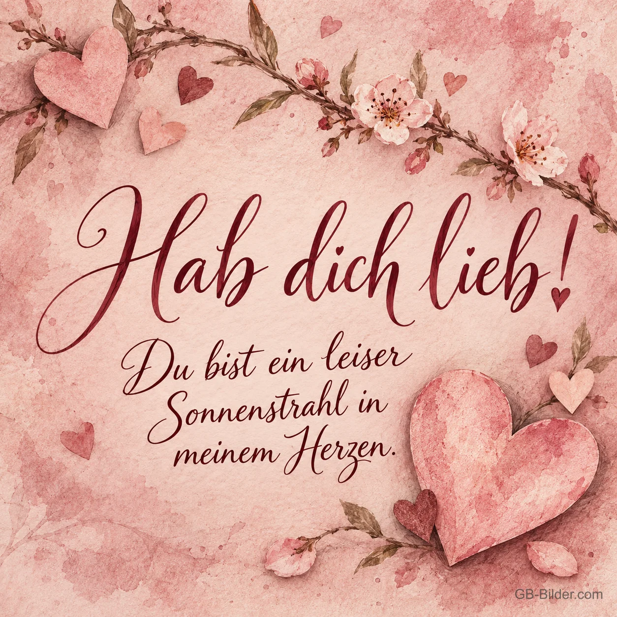 Herzen und Blütenzweige in Aquarell, Text: Hab dich lieb! Herzen und Blütenzweige in Aquarell, Text: Hab dich lieb!