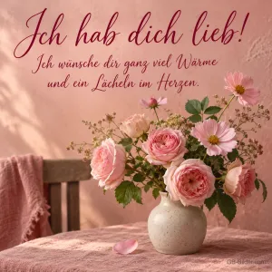 Rosa Rosen in einer Vase, Text: Ich hab dich lieb!