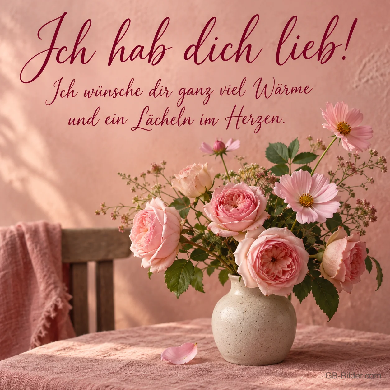 Rosa Rosen in einer Vase, Text: Ich hab dich lieb! Rosa Rosen in einer Vase, Text: Ich hab dich lieb!