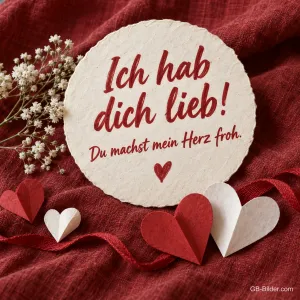 Runde Karte mit Papierherzen, Text: Ich hab dich lieb! Du machst mein Herz froh.