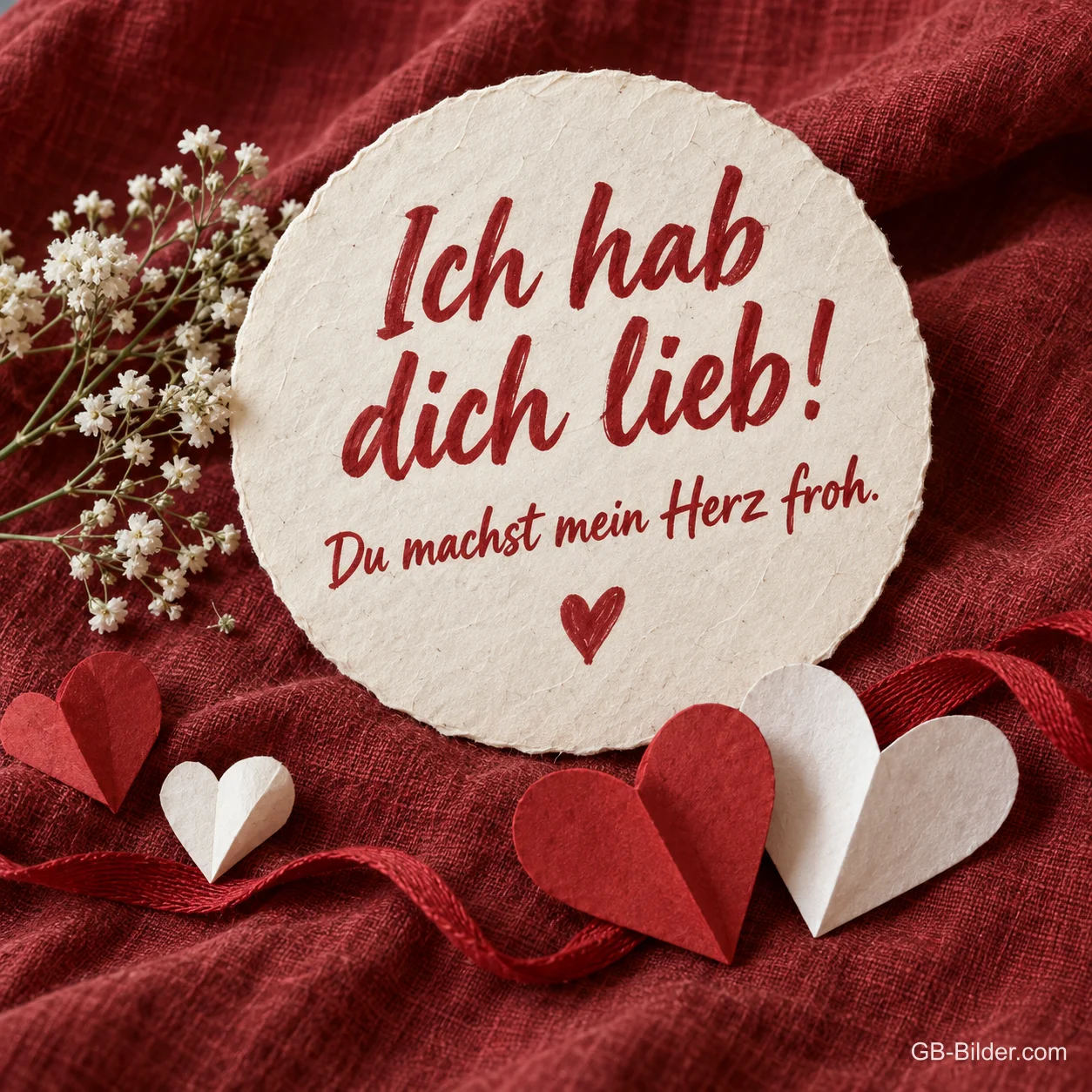 Runde Karte mit Papierherzen, Text: Ich hab dich lieb! Du machst mein Herz froh. Runde Karte mit Papierherzen, Text: Ich hab dich lieb! Du machst mein Herz froh.