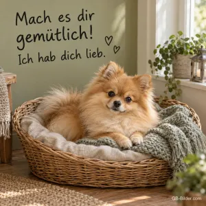 Zwergspitz im Korb mit Decke, Text: Mach es dir gemütlich! Ich hab dich lieb.
