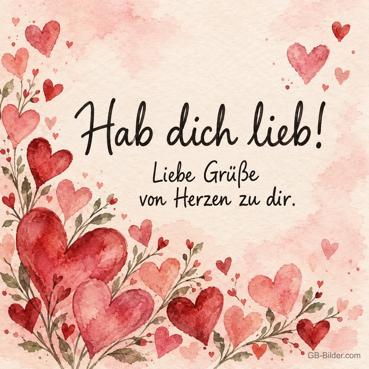 Rote Herzen in Aquarell, Text: Hab dich lieb! Liebe Grüße von Herzen zu dir. Rote Herzen in Aquarell, Text: Hab dich lieb! Liebe Grüße von Herzen zu dir.