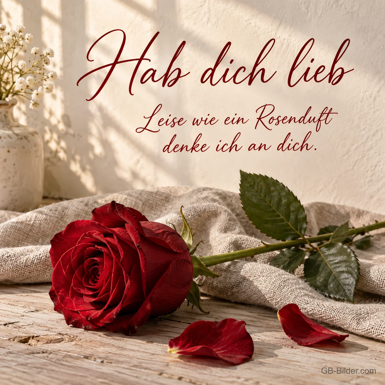 Rote Rose auf Leinen, Text: Hab dich lieb – Leise wie ein Rosenduft denke ich an dich. Rote Rose auf Leinen, Text: Hab dich lieb – Leise wie ein Rosenduft denke ich an dich.