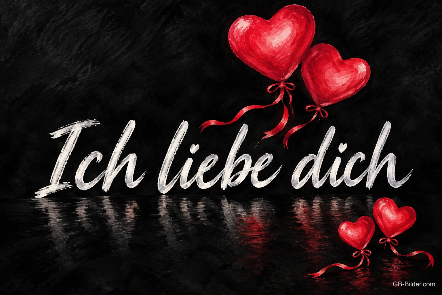 Rote Herzballons über spiegelnder Schrift auf Schwarz, Text: Ich liebe dich