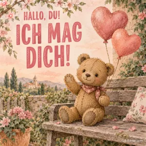 Teddybär mit Herzballons auf einer Gartenbank, Text: Hallo, du! Ich mag dich!