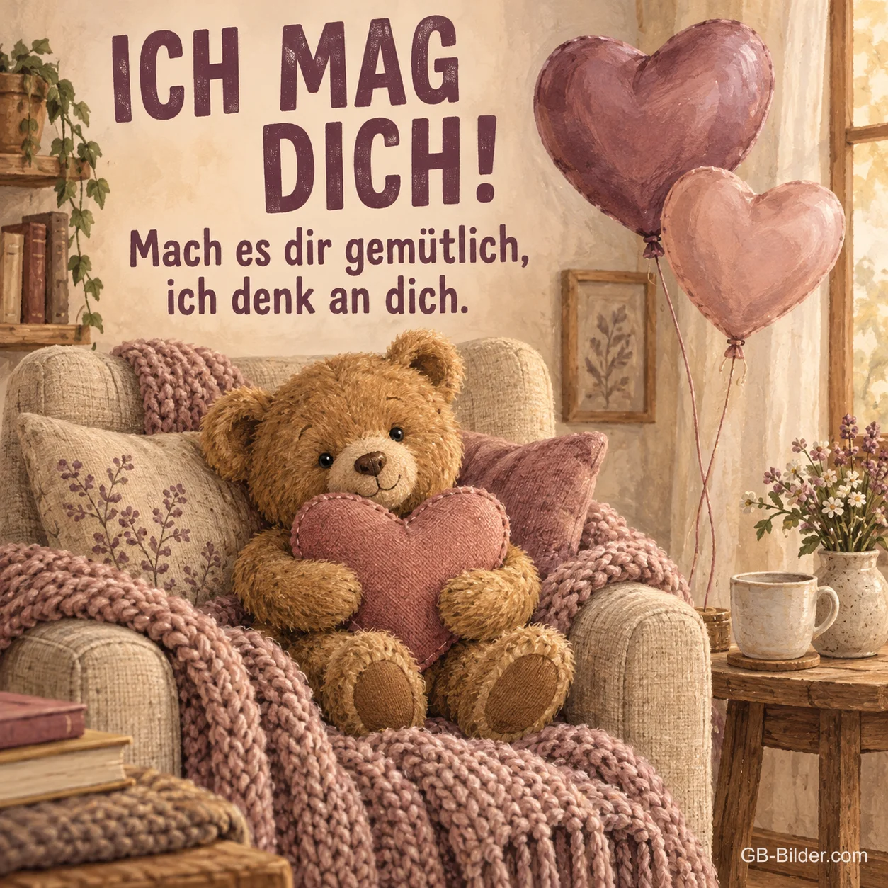 Teddybär mit Herzkissen im Sessel, Text: Ich mag dich! Mach es dir gemütlich, ich denk an dich. Teddybär mit Herzkissen im Sessel, Text: Ich mag dich! Mach es dir gemütlich, ich denk an dich.