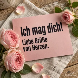 Rosa Karte zwischen Rosen, Text: Ich mag dich! Liebe Grüße von Herzen.