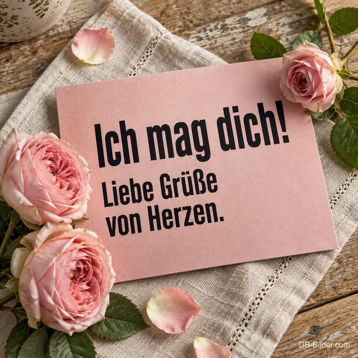 Rosa Karte zwischen Rosen, Text: Ich mag dich! Liebe Grüße von Herzen. Rosa Karte zwischen Rosen, Text: Ich mag dich! Liebe Grüße von Herzen.