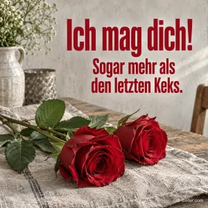 Drei rote Rosen auf Leinen, Text: Ich mag dich! Sogar mehr als den letzten Keks.