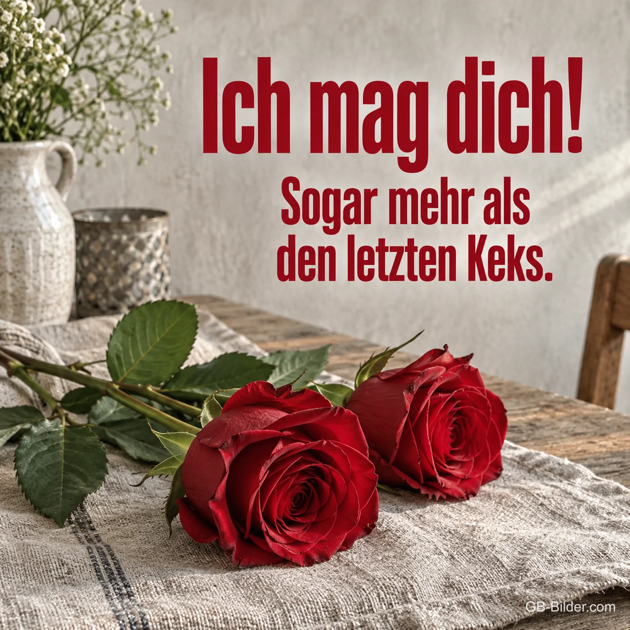Drei rote Rosen auf Leinen, Text: Ich mag dich! Sogar mehr als den letzten Keks. Drei rote Rosen auf Leinen, Text: Ich mag dich! Sogar mehr als den letzten Keks.