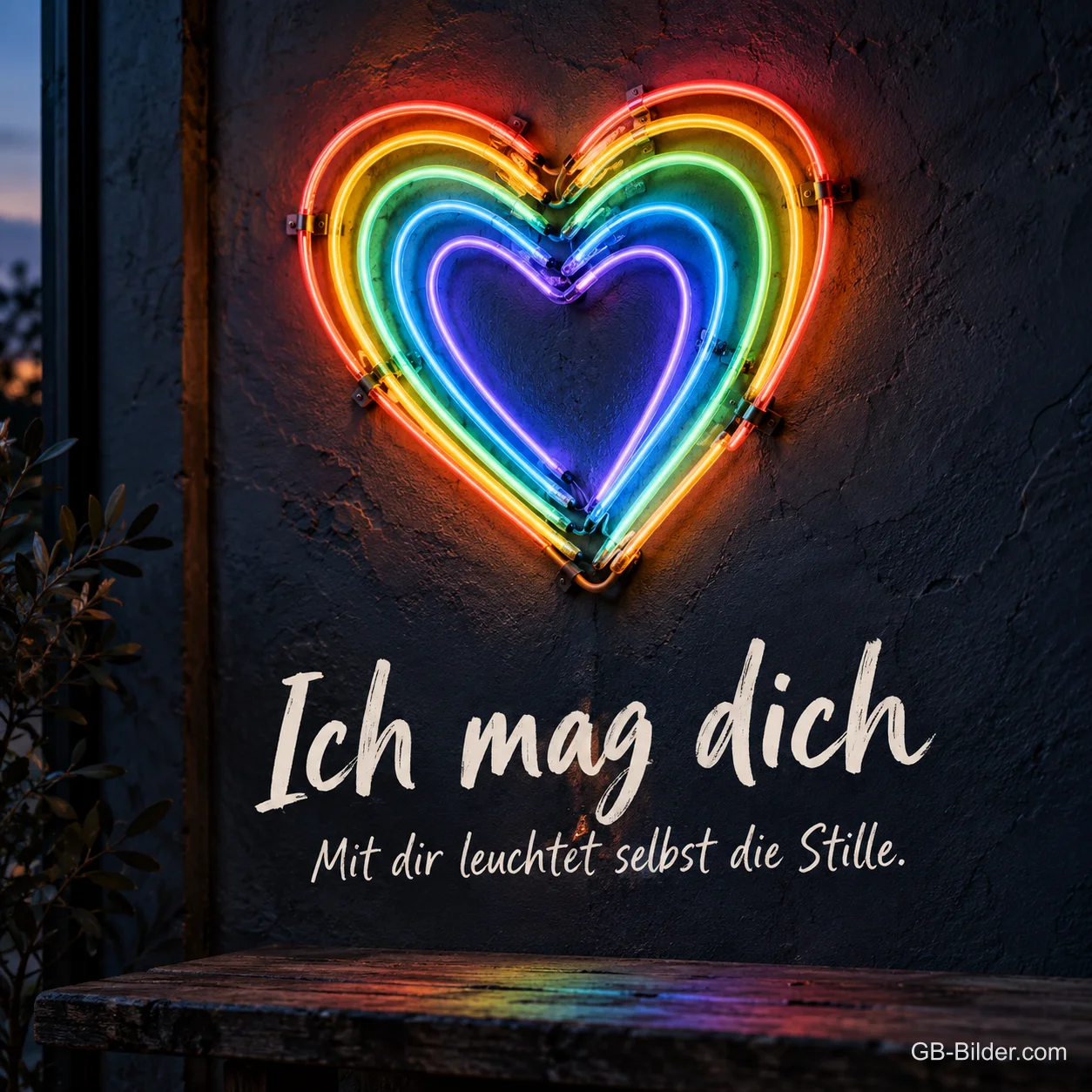 Neonherz in Regenbogenfarben, Text: Ich mag dich – Mit dir leuchtet selbst die Stille. Neonherz in Regenbogenfarben, Text: Ich mag dich – Mit dir leuchtet selbst die Stille.