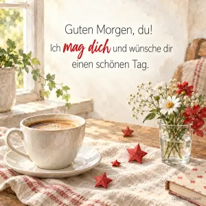 Kaffeetasse und Blumen am Fenster, Text: Guten Morgen, du! Ich mag dich.