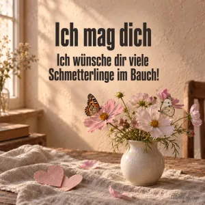 Schmetterlinge auf Blumen in einer Vase, Text: Ich mag dich – viele Schmetterlinge im Bauch!
