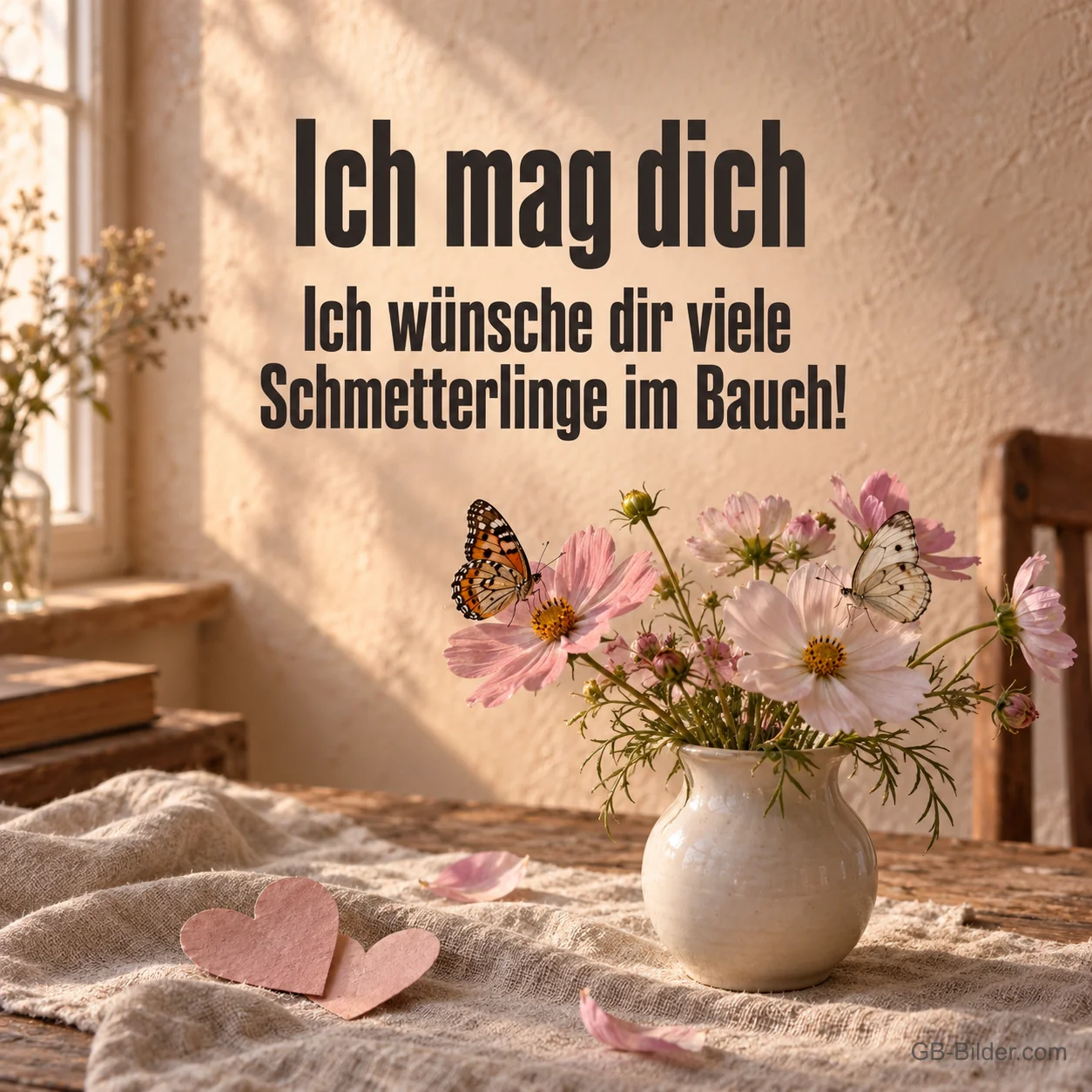 Schmetterlinge auf Blumen in einer Vase, Text: Ich mag dich – viele Schmetterlinge im Bauch! Schmetterlinge auf Blumen in einer Vase, Text: Ich mag dich – viele Schmetterlinge im Bauch!