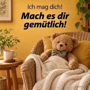 Teddybär unter einer Strickdecke im Korbsessel, Text: Ich mag dich! Mach es dir gemütlich!