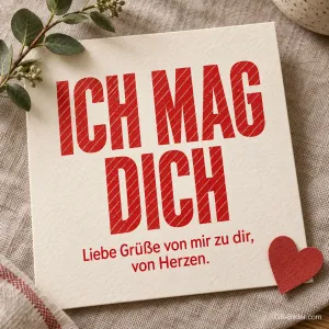 Karte mit rotem Herz auf Leinen, Text: Ich mag dich – Liebe Grüße von mir zu dir