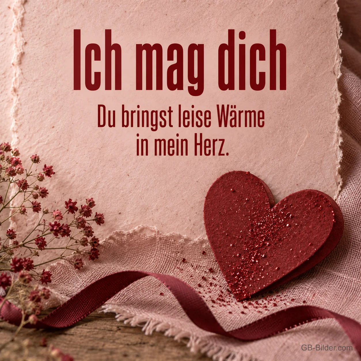 Rotes Filzherz auf rosa Papier, Text: Ich mag dich – Du bringst leise Wärme in mein Herz. Rotes Filzherz auf rosa Papier, Text: Ich mag dich – Du bringst leise Wärme in mein Herz.