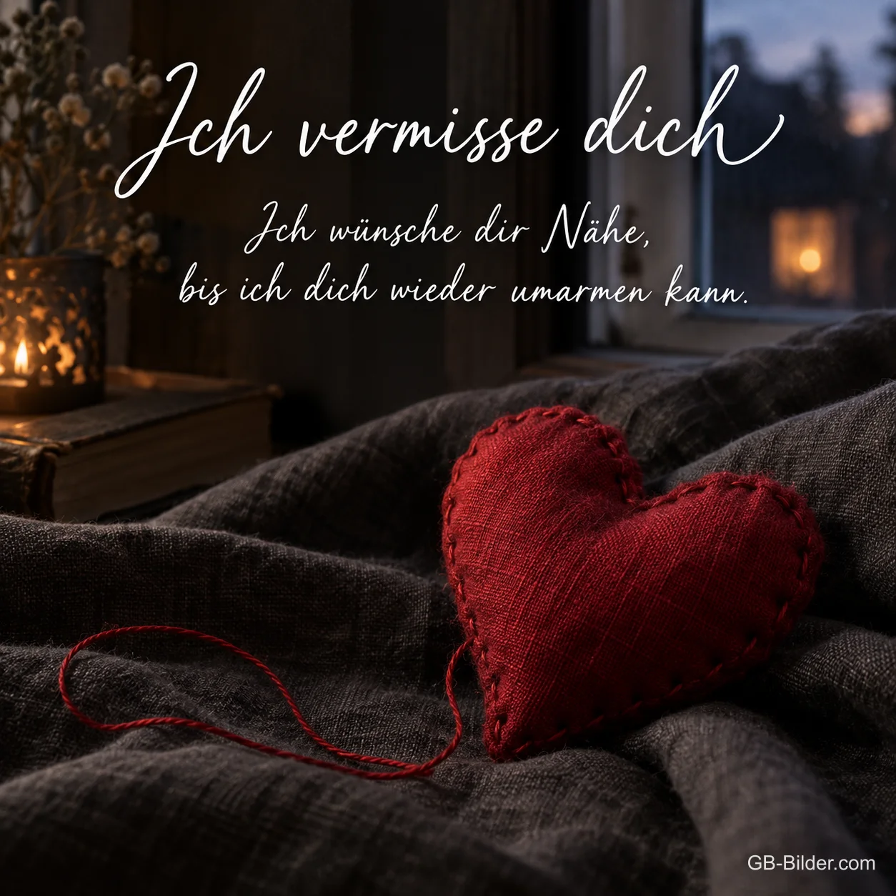 Rotes Stoffherz auf dunkler Decke, Text: Ich vermisse dich Rotes Stoffherz auf dunkler Decke, Text: Ich vermisse dich