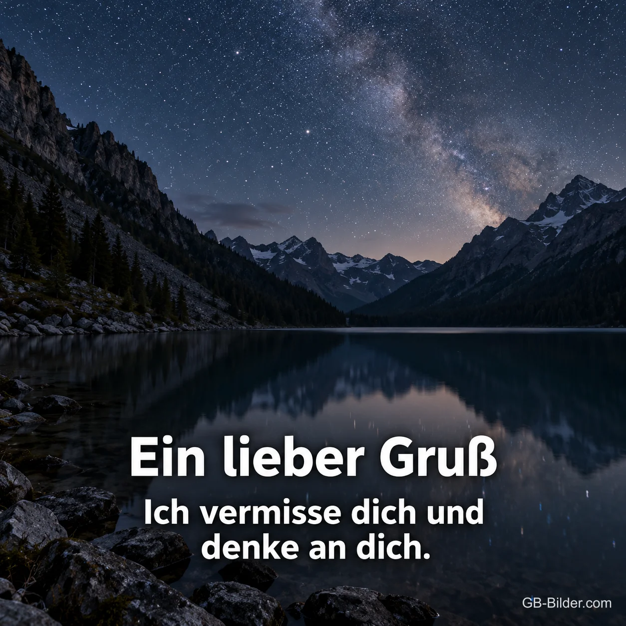 Milchstraße über einem Bergsee, Text: Ein lieber Gruß – Ich vermisse dich und denke an dich. Milchstraße über einem Bergsee, Text: Ein lieber Gruß – Ich vermisse dich und denke an dich.